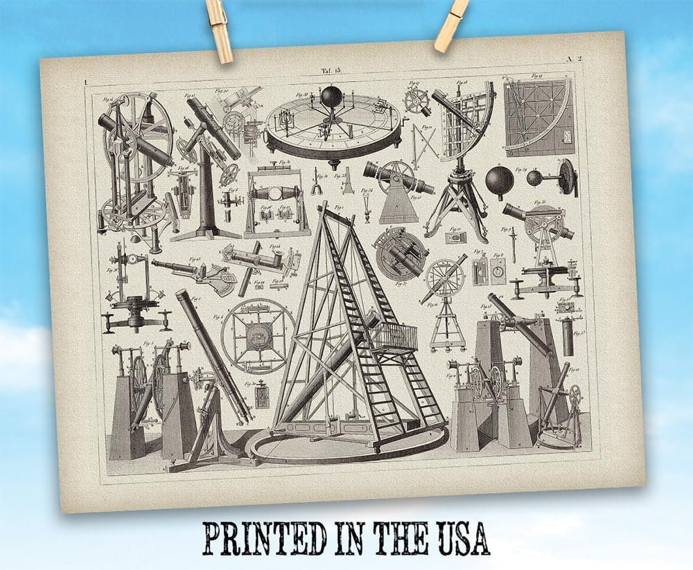 Antique Astronomical Instruments -28x36 Stretched Canvas Poster-Vintage Astronomy 18th Century Telescope Diagram, Historical Scientific Illustration Wall Art, Astronomical Tools Chart, Steampunk Décor