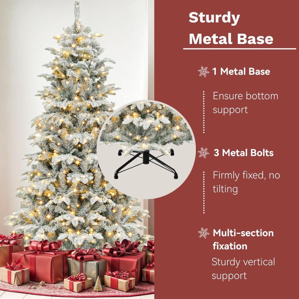 DWVO Flocked Layered Christmas Tree Prelit 6.5ft, Atificial Tree with 350 LED Lights Includes Metal Stand, Full Flocked Xmaxs Trees with 760 Branch Tips, Metal Hinged for Home Party Decoration