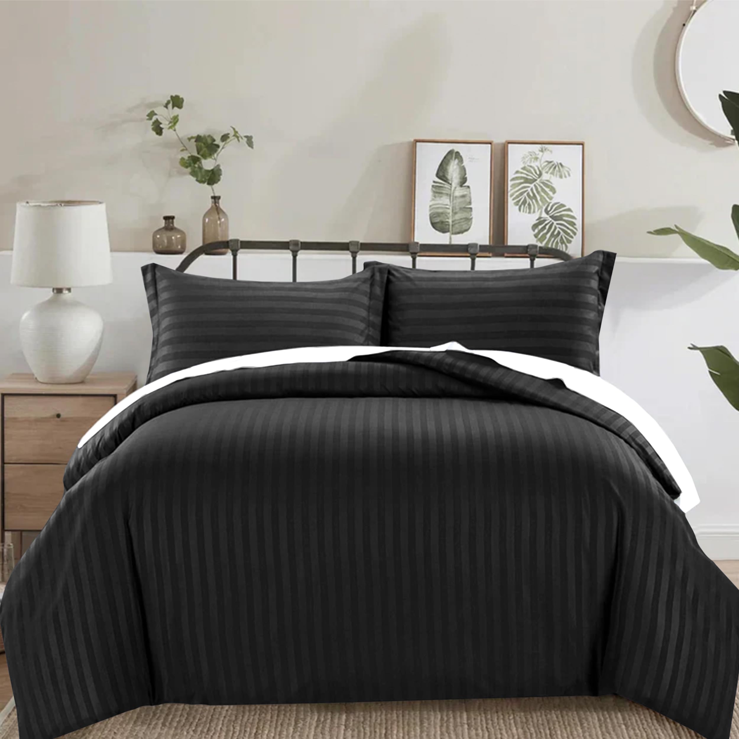 PRIME LINENS 4 Piece Duvet Cover Set Stripes Satin Quilt Cover Bedding Set with Pillowcase and Extra Fitted Sheet Included Machine Wash Hotel Quality (Black, Super King)