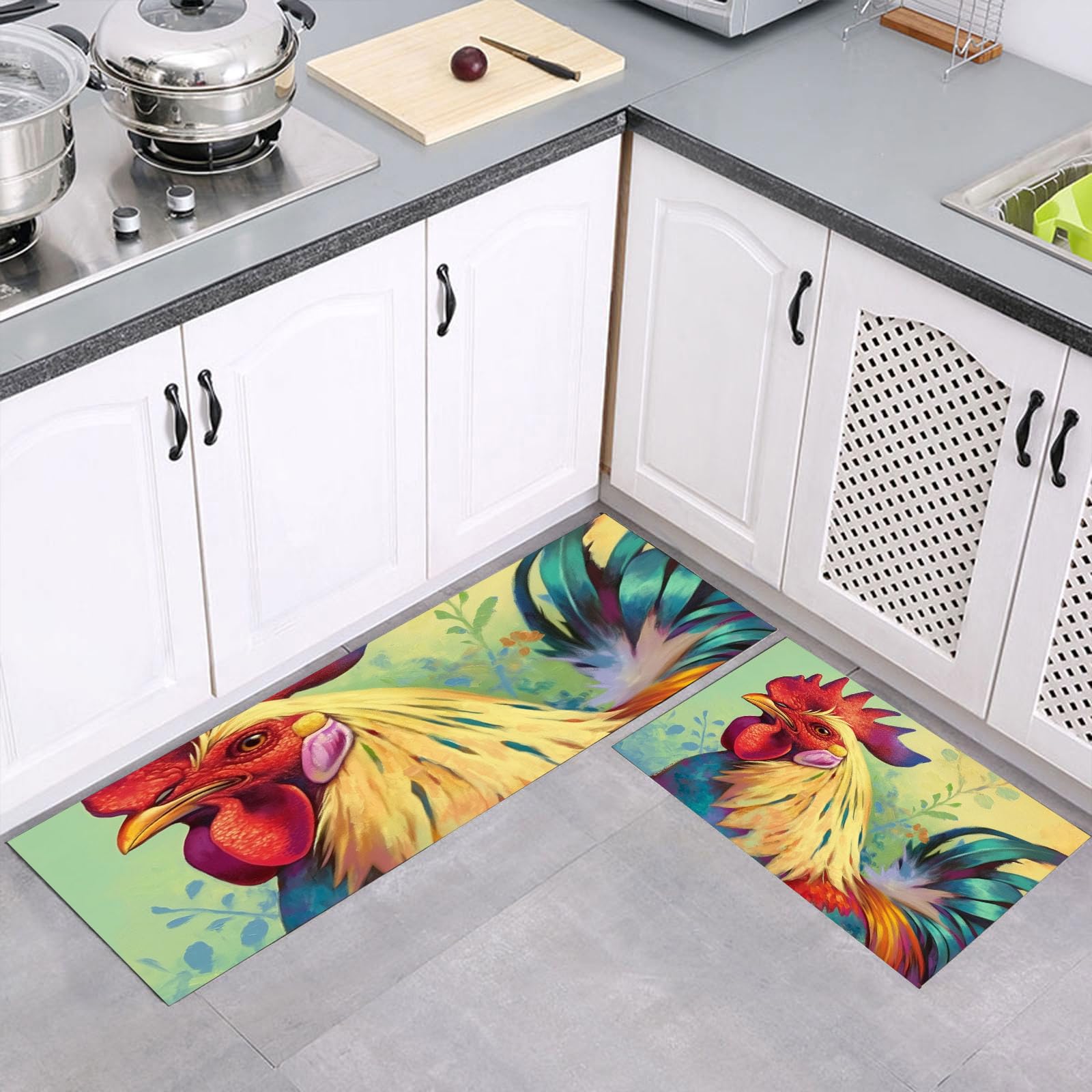 Tapis de cuisine antidérapant et lavable avec motif de coq en couleur
