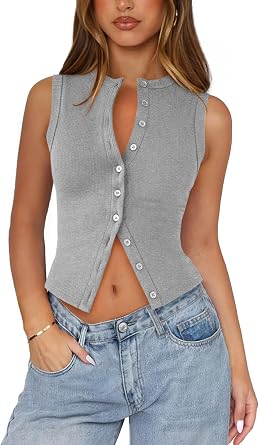 Ribbed Button Down Tank Tops for Women Going Out Top