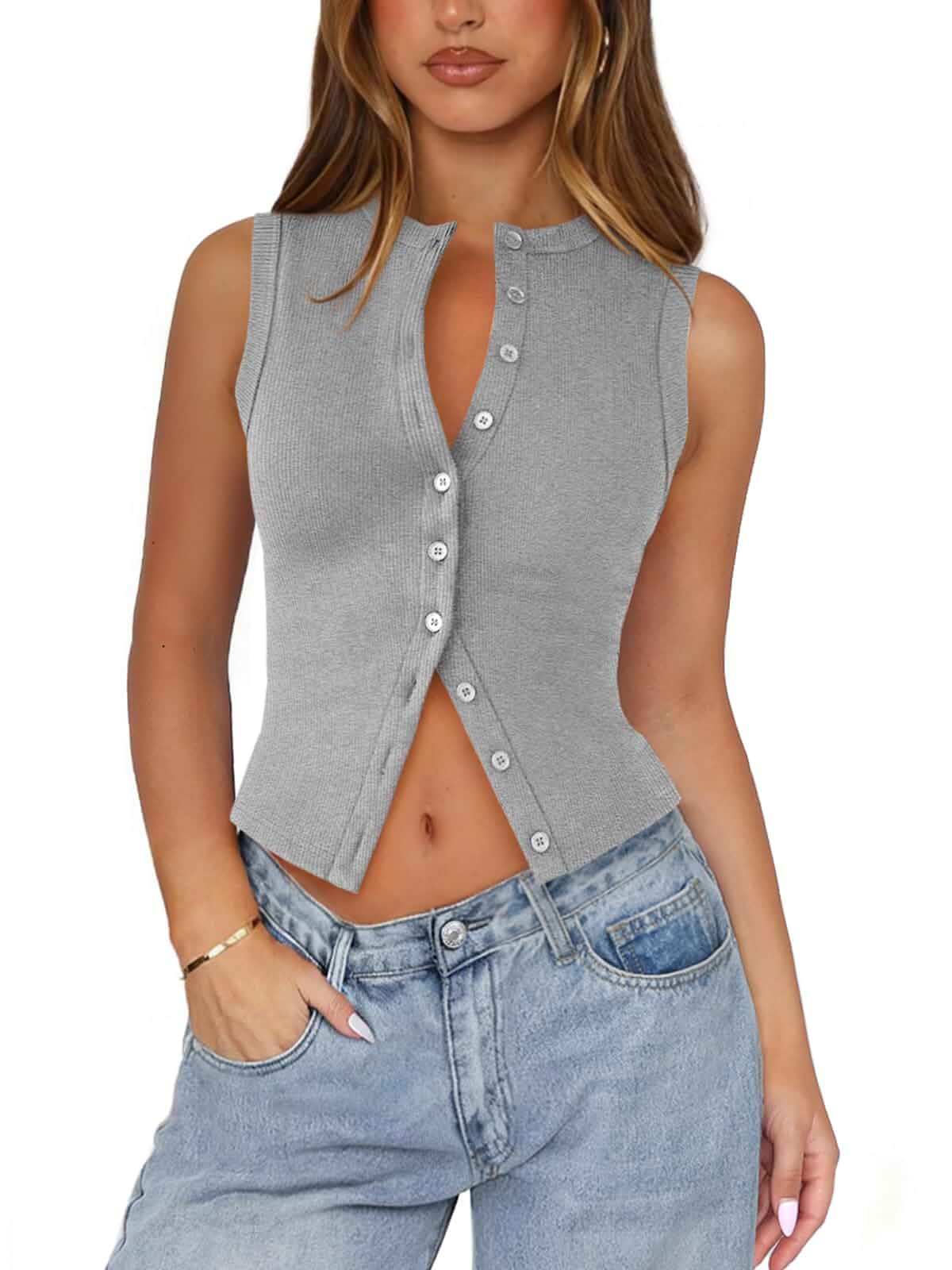 Ribbed Button Down Tank Tops for Women Going Out Top Knit,Crewneck,Sleeveless,Cropped,Slim,Button Up Shirt,Trendy Sexy Casual,Vacation,Fitted Vest Women Summer Outfits.