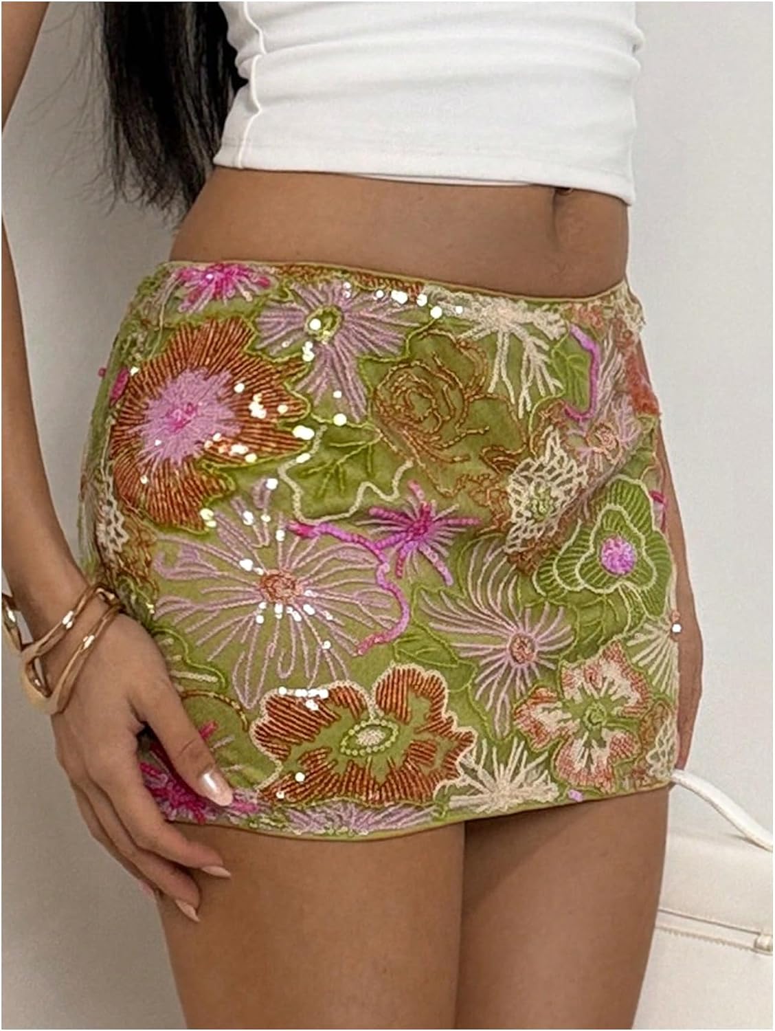 Floerns Women's Floral Bodycon Mini Skirts Y2k Sequin Summer Beach Vacation Glitter Going Out Skirts Clubwear