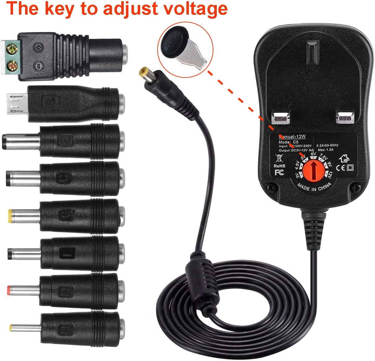 12W Universal Power Adapter Plug Multi Voltage 3V 4.5V 5V 6V 7.5V 9V 12V AC DC Power Supply Charger 3V-12V 8 Tips Connectors