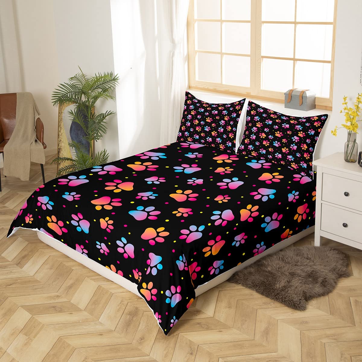 feelingyou Dog Paw Print Duvet Cover Set Double Size,Watercolor Gradient Puppy for Dog Lover Comforter Cover with 2 Pillowcases,Funny Pets Animal Bedding Set for Girls Teens Present Soft Microfiber - Image 3