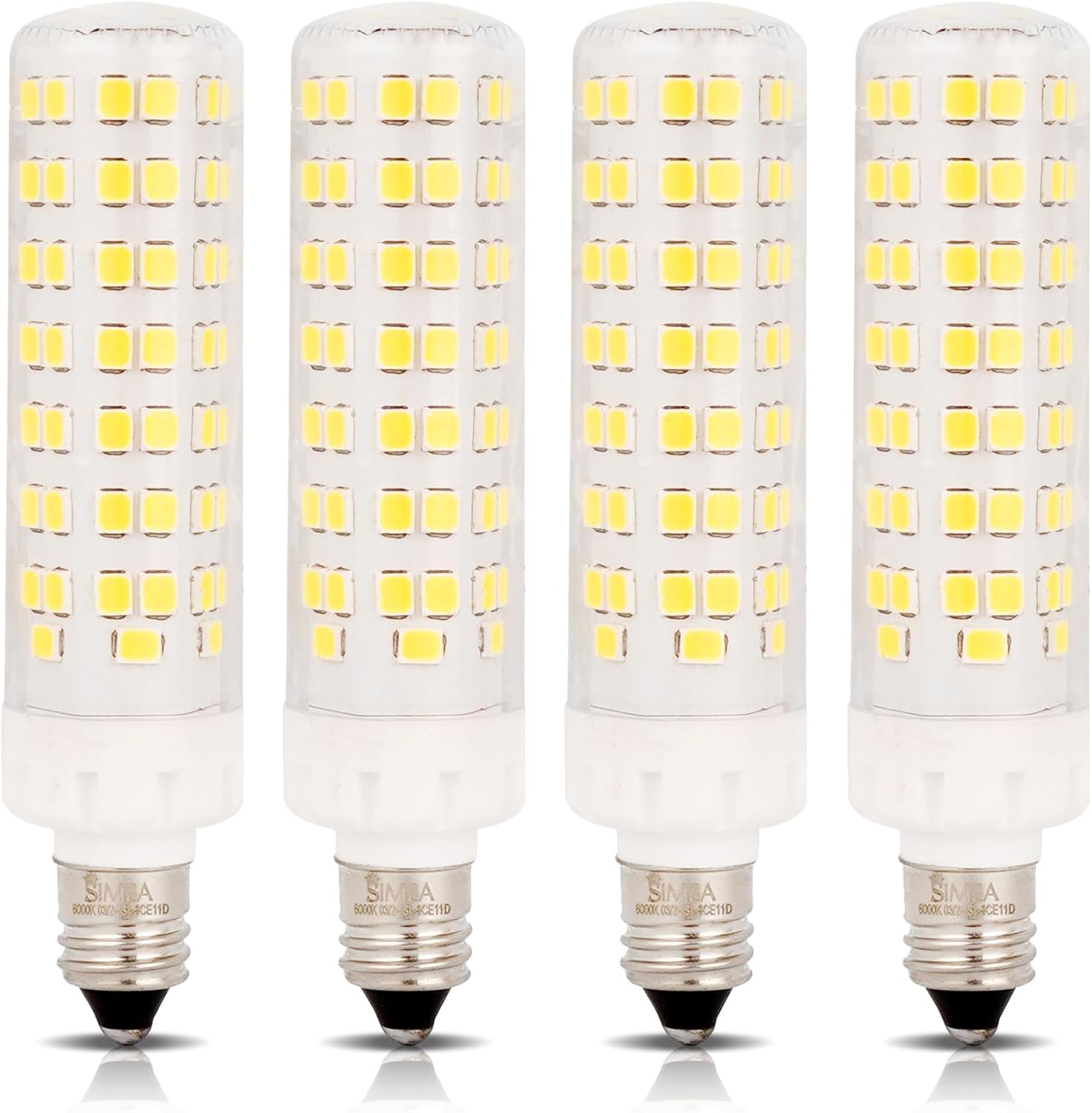 Simba Lighting LED E11 T6 Mini-Candelabra JD Light Bulb 8W 75W to 80W Halogen Replacement (4 Pack) 94SMD2835 Corn JDE11 120V for Chandeliers, Sconce, Cabinet Lighting, Daylight 6000K, Dimmable