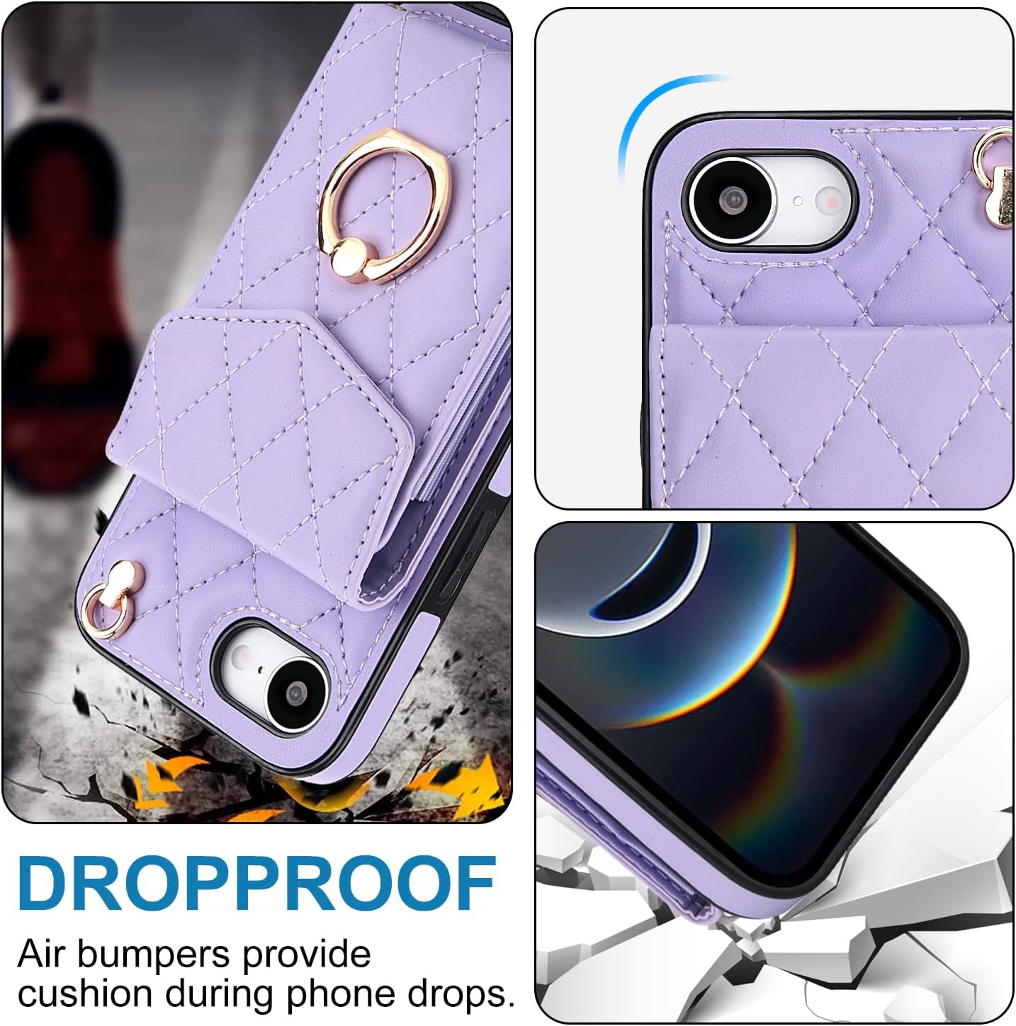 Phone Case for iPhone 16e/SE 2025/SE 4 Wallet Cover with Tempered Glass Screen Protector and Ring RFID Blocking Card Holder Cell i Phone16e i16e 16 e SE4 4th Generation 16eCase Women Men Girls Purple