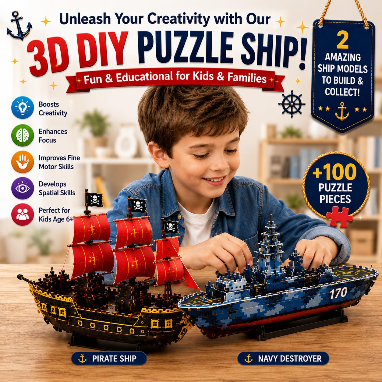3D DIY Ship Puzzle Kit - Build 2 Ships for Kids! -5