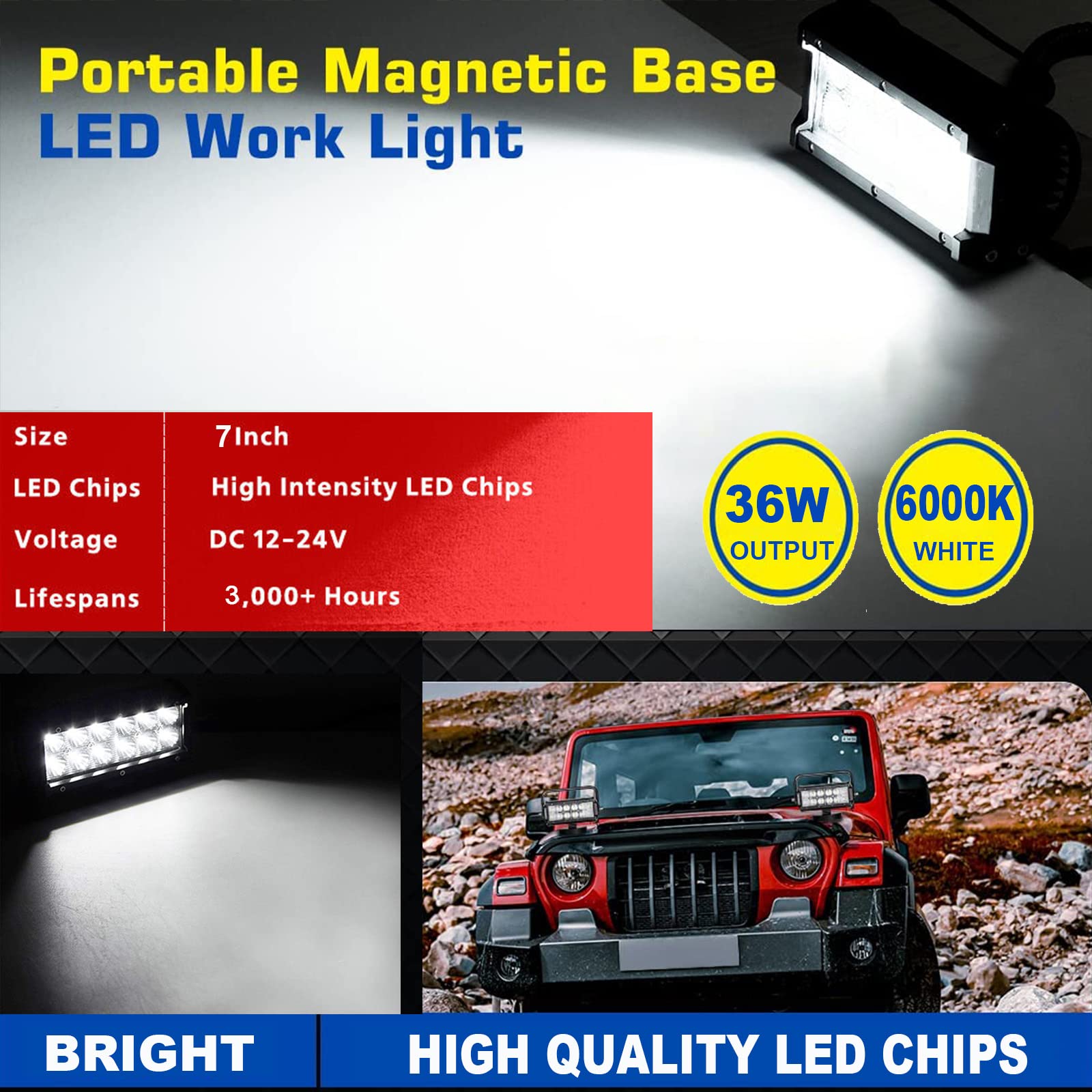 PICAA 2 pezzi Faro da Ricerca LED, 7 pollici 36W Spot Luce da Lavoro con Base Magnetica, 12V 24V Barra LED per Fuoristrada Auto SUV Camion 4x4 Trattore Barca