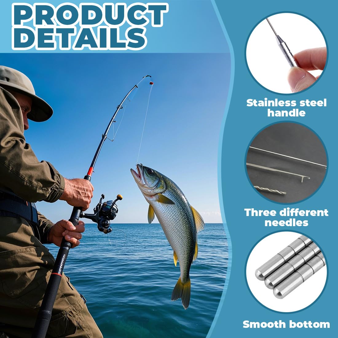 Kit da 3 Aghi da Pesca in Acciaio Inossidabile - Set Professionale per Esca con Punteruolo, Ago per Nodi e Ago per Ancorette - Per Boiles, Esche Naturali e Artificiali - 3