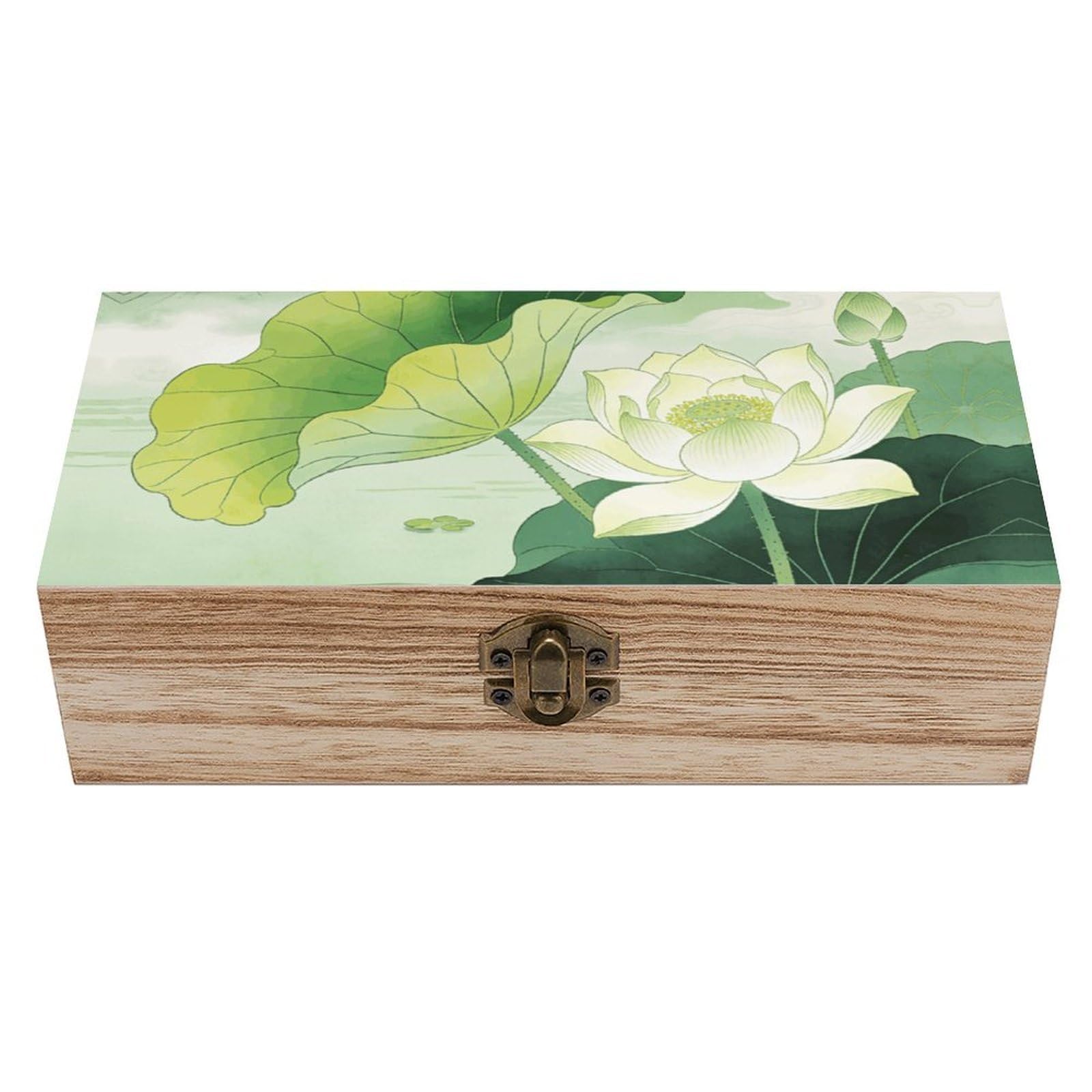 LZQPOEAS Green Lotus Pond Wooden Storage Box Small Decorative Box with Hinged Lid Handmade Elegant Keepsake Storage Box for Jewelry, Photos, Trinkets, Letter Gifts, Small Heirlooms