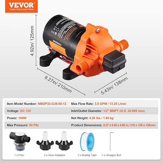 VEVOR 12V Diaphragm Pump 13.25L/min 3 Chamber DC Water Pump with Automatic Pressure Switch 40-100PSI Adjustable 50PSI 1/2 MNPT Connector for RV Yacht Food Truck Camper Marine