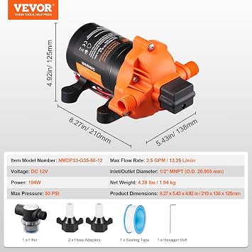 VEVOR 12V Diaphragm Pump 13.25L/min 3 Chamber DC Water Pump with Automatic Pressure Switch 40-100PSI Adjustable 50PSI 1/2 MNPT Connector for RV Yacht Food Truck Camper Marine