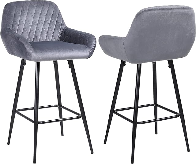 ralex-chair Bar Stools Set of 2 Grey Velvet Fabric with Backrest and Armrest, High Stools Supported Black Metal Legs Breakfast Counter Chairs for Bar, Counter, Kitchen, Home and Commercial Use