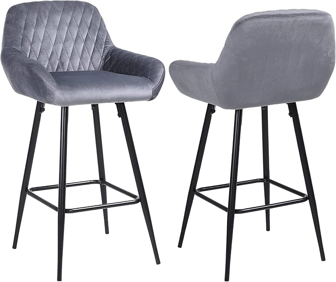 ralexchair Bar Stools Set of 2 Grey Velvet Fabric with Backrest and