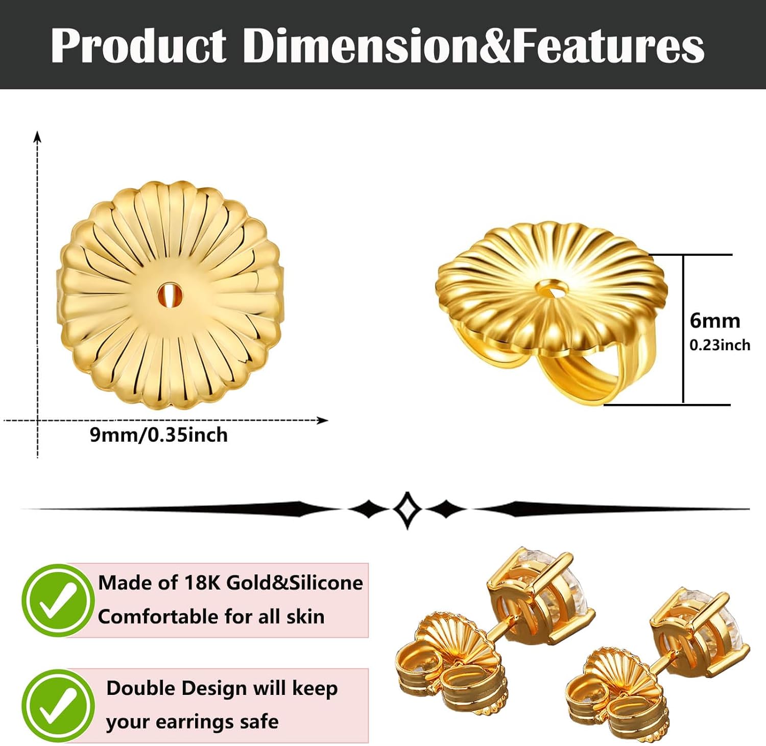8Pieces Earring Backs for Droopy Ears, Large Earring Backs Replacements for Studs Secure Locking Earring Lifters for Heavy Earring (Gold,9mm)