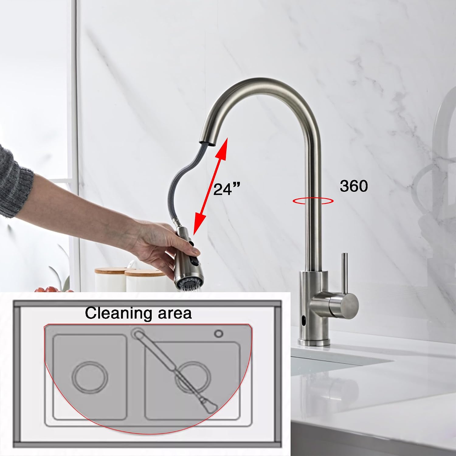 NSF&CEC Certified Touchless Kitchen Faucet, Sensor & Handle Dual Control, Motion Activated, 360° Swivel. Easy Install, AC&DC Power Supply.Lead-Free Material.