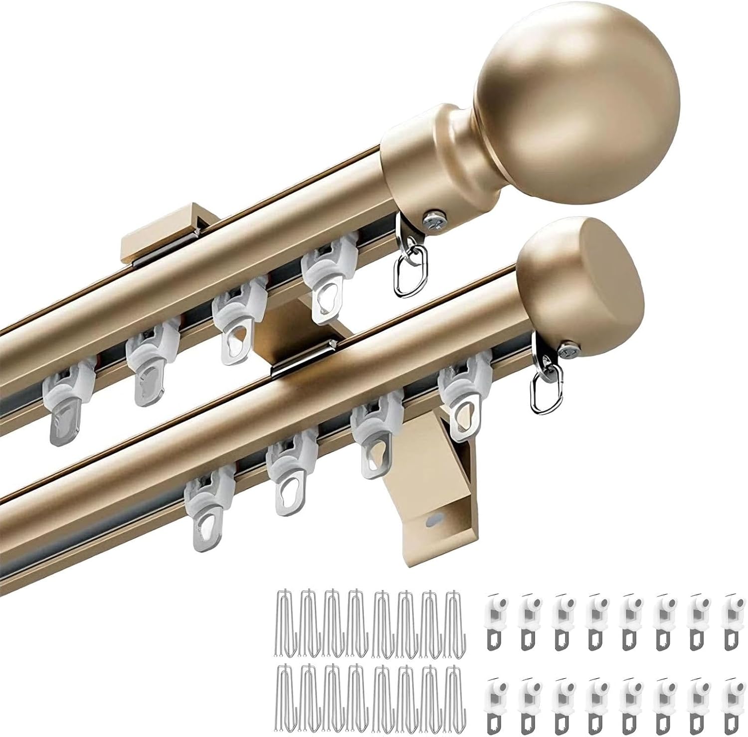 Heavy Duty Aluminum Double Curtain Track System 1.6-26 ft with Silent Rollers for Smooth Operation - Wall Mount Curtain Rods for Windows, Room Dividers, Living Room, Hotel - Elegant Gold Finish, ...