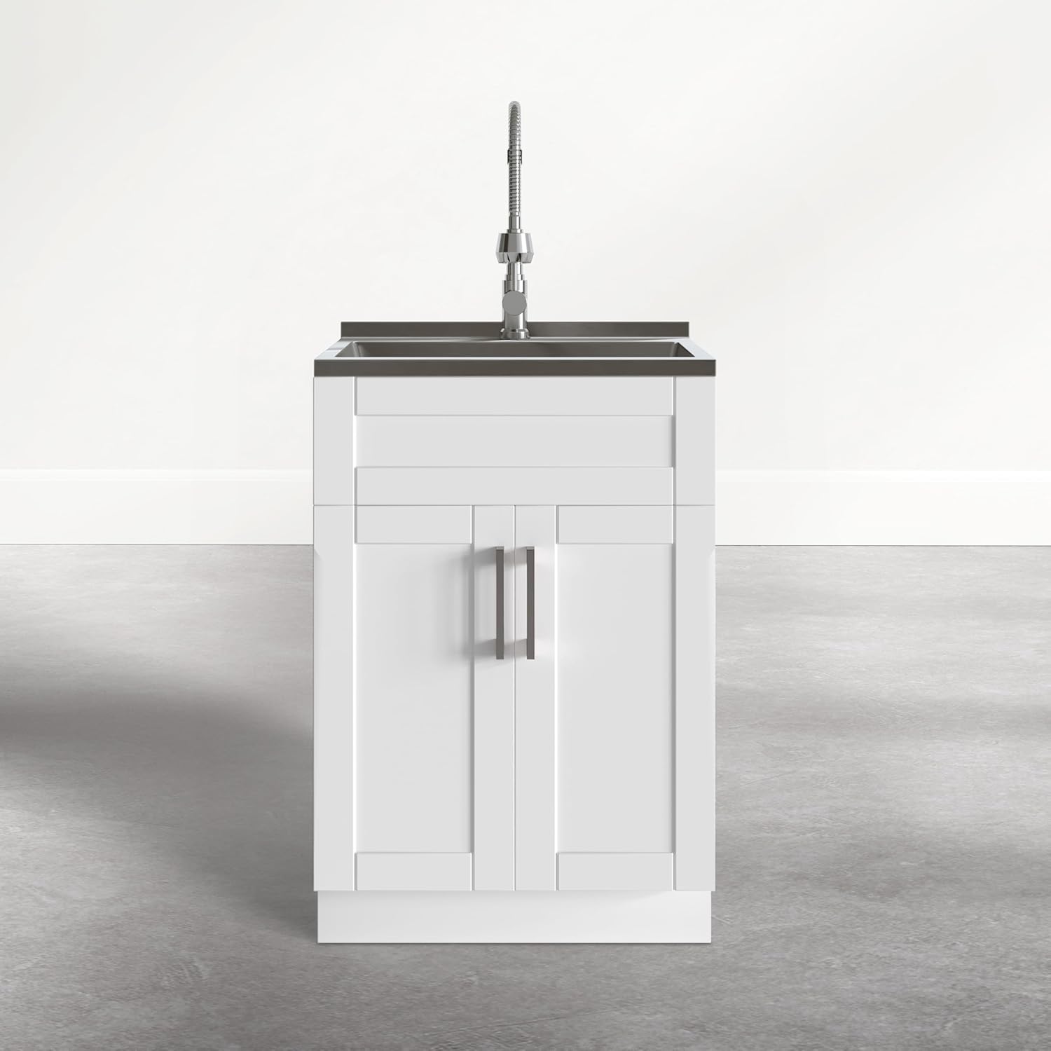 SIMPLIHOME Hennessy All-in-One 24 inch Wide Utility Sink and Laundry Cabinet in Glacier White Finish, Transitional Stainless Steel Sink Cabinet for Laundry Rooms with High-Arch Chrome Faucet