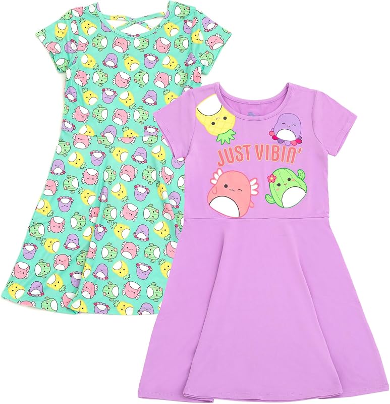 Squishmallows Girls 2 Pack Skater Dresses Toddler to Big Kid Sizes (4T - 14-16)