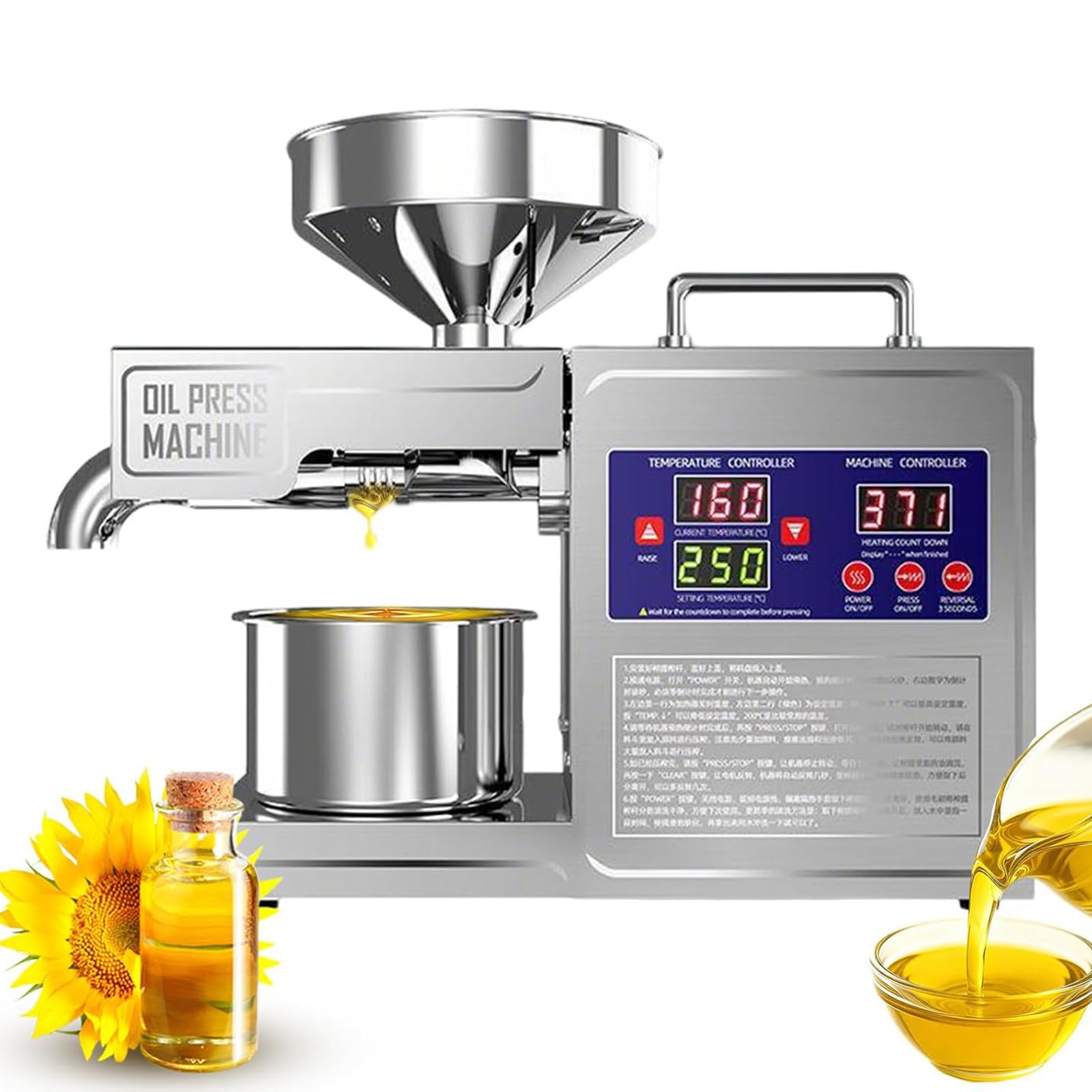 Prensa de Aceite eléctrica automática, prensado en frío/Caliente, Acero Inoxidable, fácil de Limpiar para Lino, canola y sésamo.