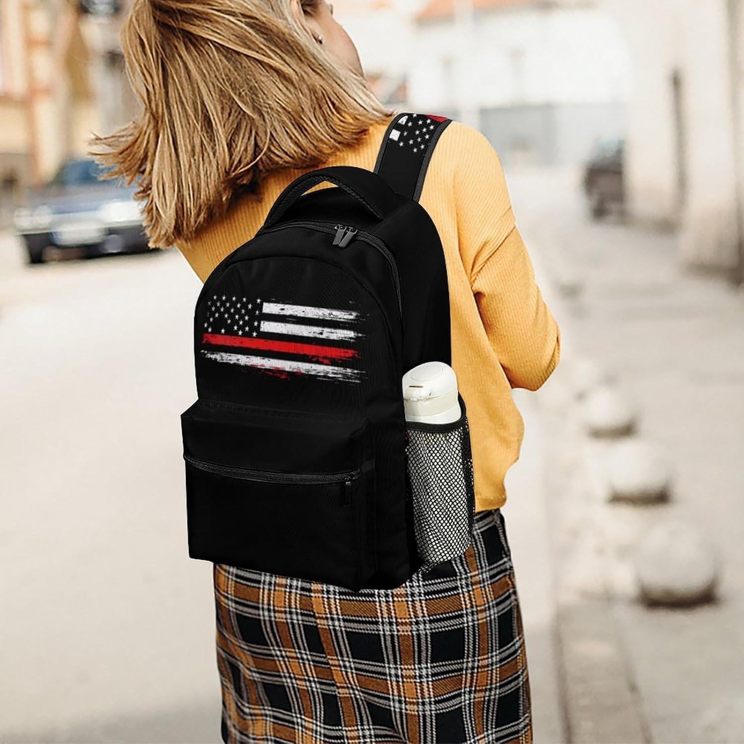 US Flag Thin Red Line Flag Laptop Backpack Lightweight Travel Daypack Shoulder Bag for Men Women