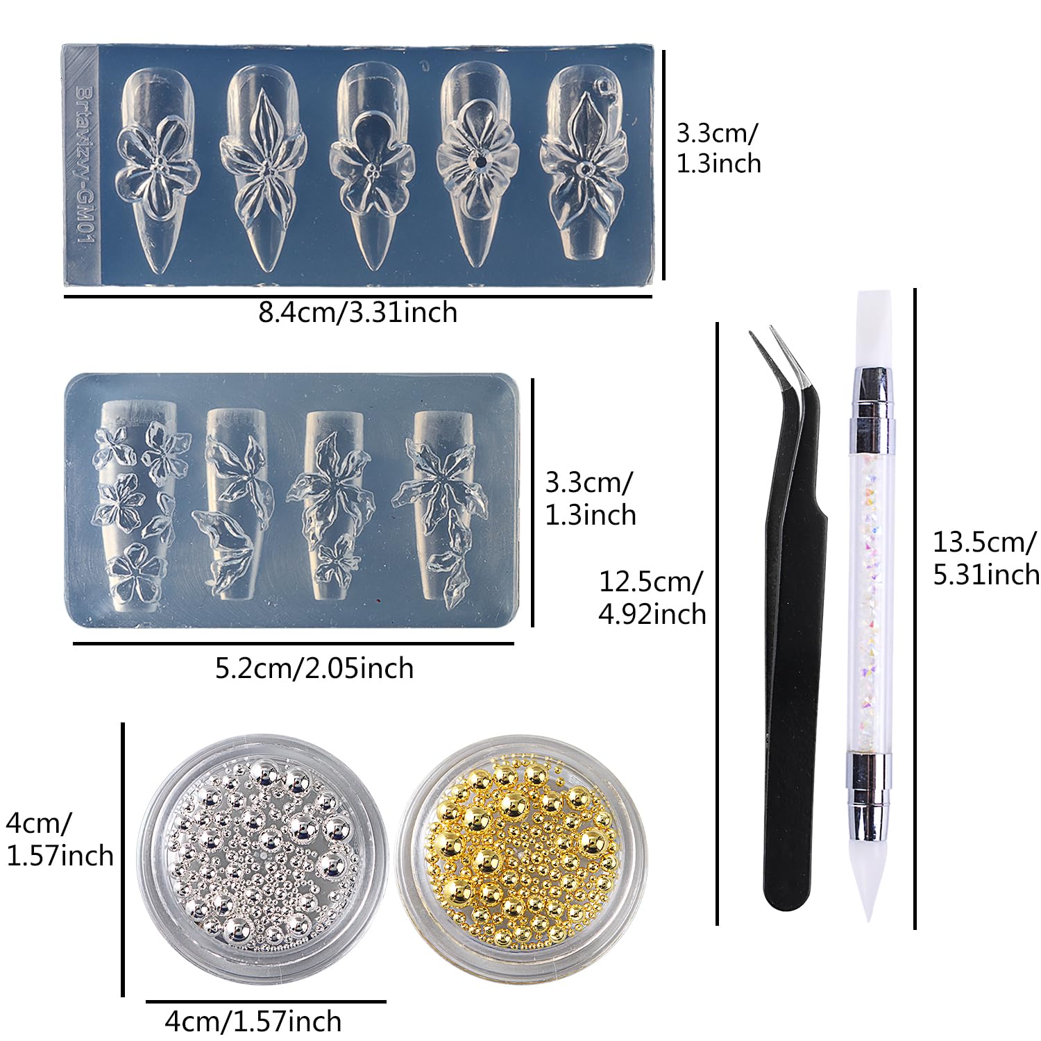 3D Floral Nail Art Mold Kit with Silicone Carving Molds, Gold and Silver Metal Beads, Double Headed Silicone Pen, Tweezers for DIY Manicure Decoration Nail Tools
