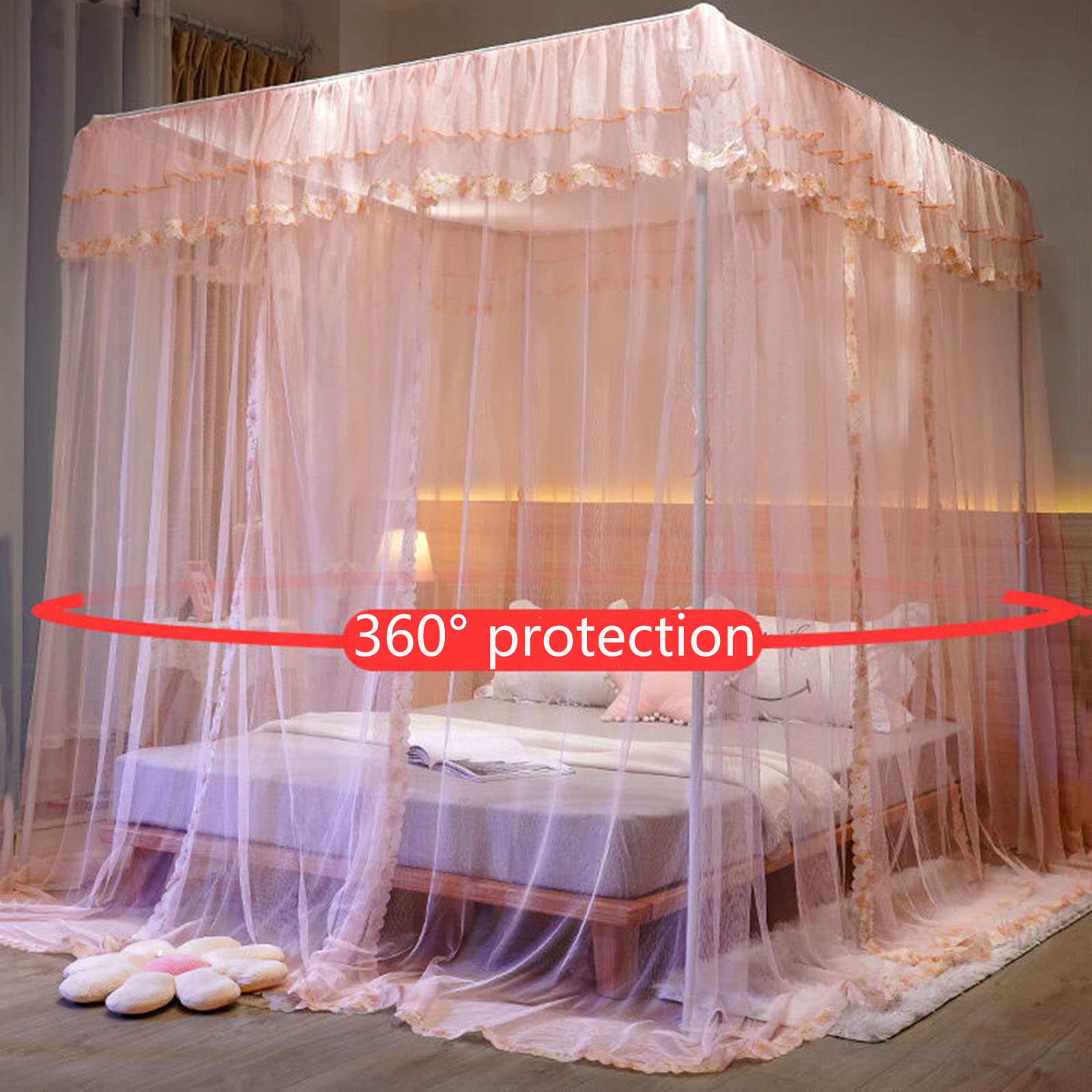 Generisch Zanzariera per letto matrimoniale, universale, quadrata, con struttura in acciaio inox e a T, 3 aperture laterali, baldacchino, zanzariera da viaggio a casa