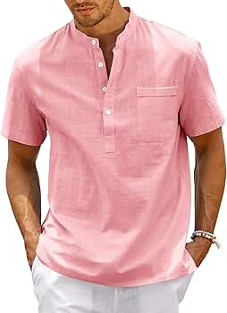 Enjoybuy Men's Linen Henley Shirts Summer Beach Short Sleeve