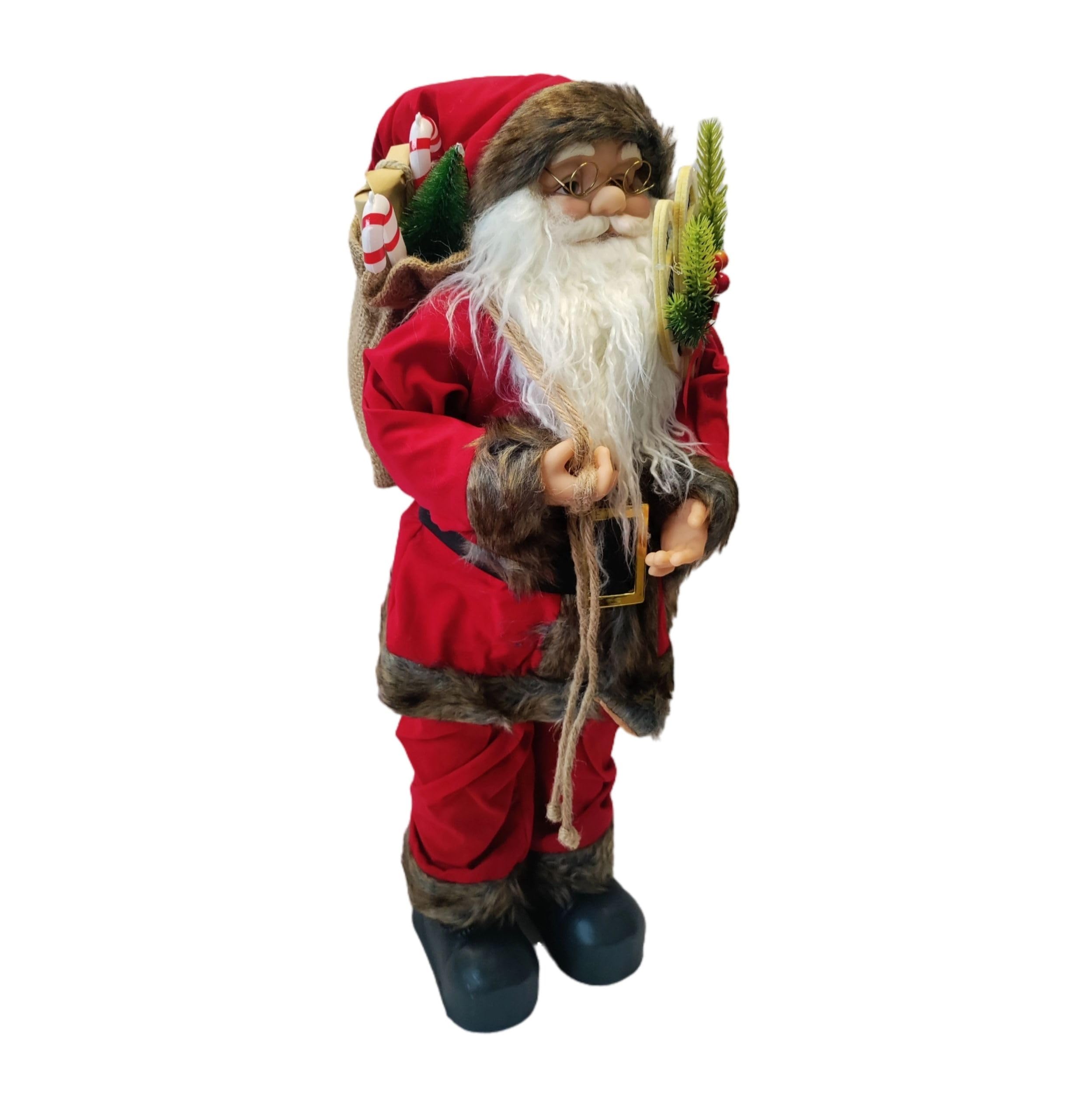 Kaemingk Père Noël debout traditionnel - Figurine de Père Noël - Figurine de Noël 60 cm - Garniture en fourrure rouge unie - Sac de maintien et raquettes à neige canadiennes - Décoration intérieure du