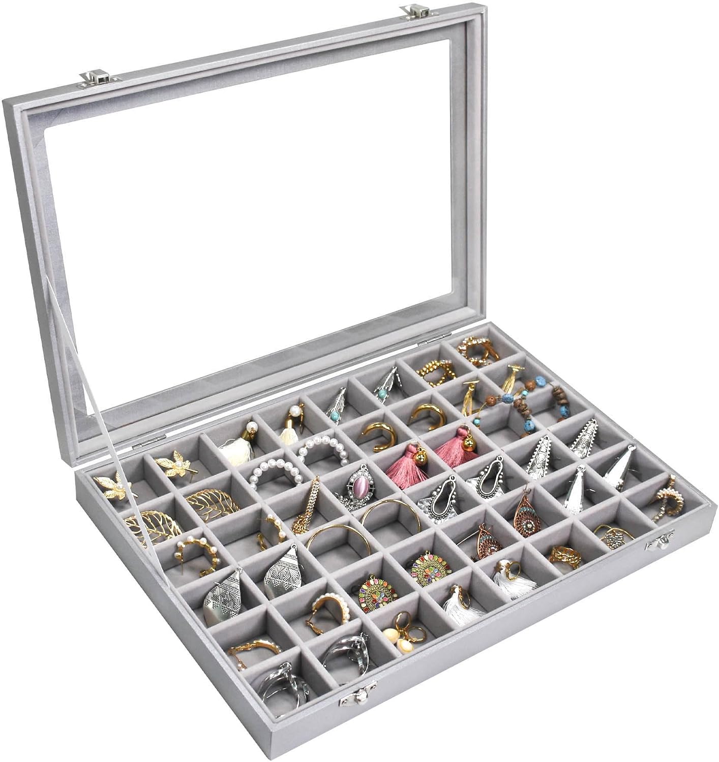Siveit Jewelry Tray Organizer Box 48 Grid Jewelry Display Organizer Box with Transparent Lid Rings Earrings Necklaces Pendants Display Box Suitable for Women and Girls (48 Grid, Silver Grey)