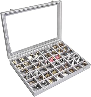 Siveit Jewelry Tray Organizer Box 48 Grid Jewelry Display Organizer Box with Transparent Lid Rings Earrings Necklaces Pendants Display Box Suitable for Women and Girls (48 Grid, Silver Grey)