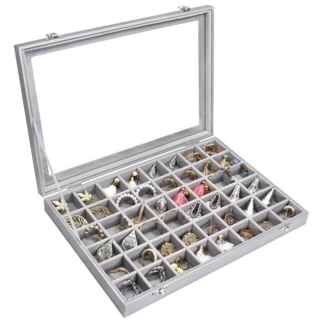 Jewelry Tray Organizer Box 48 Grid Jewelry Display Organizer Box with Transparent Lid Rings Earrings Necklaces Pendants Display