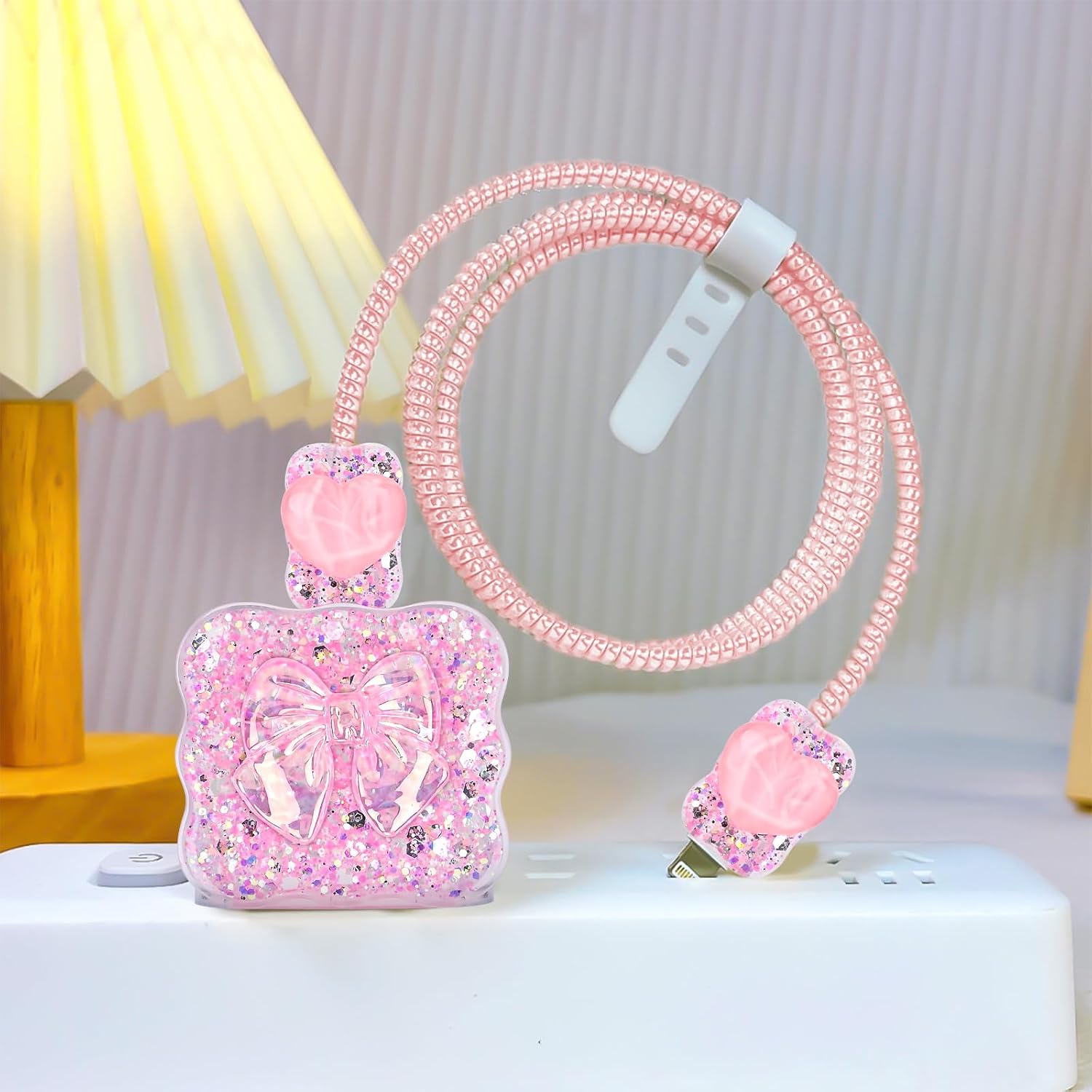 Glitter DIY Cable Protector for Apple 18W/20W Power Adapter, Sparkle Luxury Crystal Bow Tie Heart Design Clear Soft Data Line Cable Wire Saver Phone Charging Protector for iPhone Charger-Pink