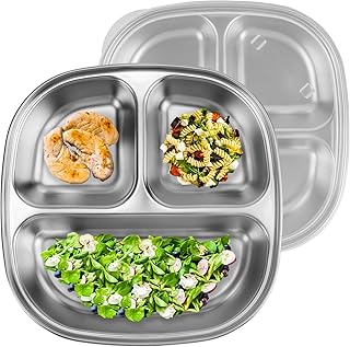 Linkidea 2 Stück Portionskontrollteller aus Edelstahl, 3-fach unterteilte Teller mit Deckel, unterteilte Teller für Erwachsene, geeignet für Diät-Lebensmittelkontrolle, Camping-Einsatz (drei Gitter)