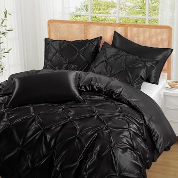P Pothuiny 5 Pieces Satin Pintuck Duvet Cover Set, Silky Like Black Pinch Pleat Duvet Cover Full/Queen Size Luxury Bedding Set with Corner Ties, 2 Pillow Shams + 2 Pillowcases No Comforter