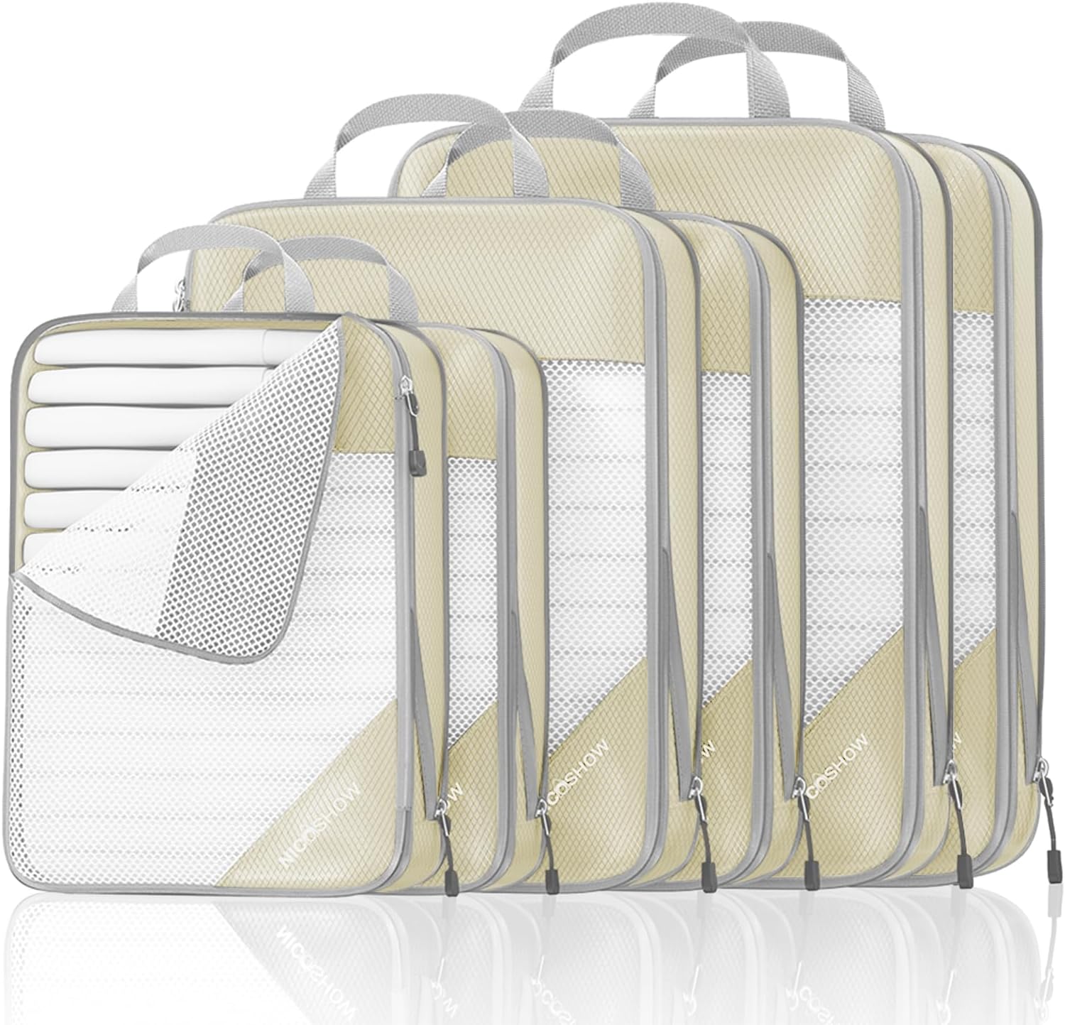 NICOSHOW Compression Packing Cubes 6 Set, Compressible Space-Saving Packing Cubes for Travel - Compression Bags, Luggage Organizer, Travel Essentials for Women, Beige