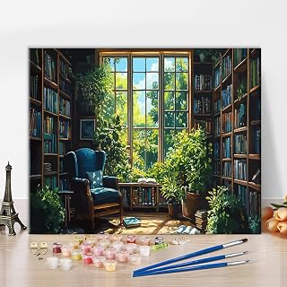 Painting by Numbers for Adults Cozy Reading Nook DIY Acrylic Pigment Painting Green Garden Paintworks Artwork Large Window Study Small Paint by Numbers Kit for Adults Relaxing Activity(40x50cm)