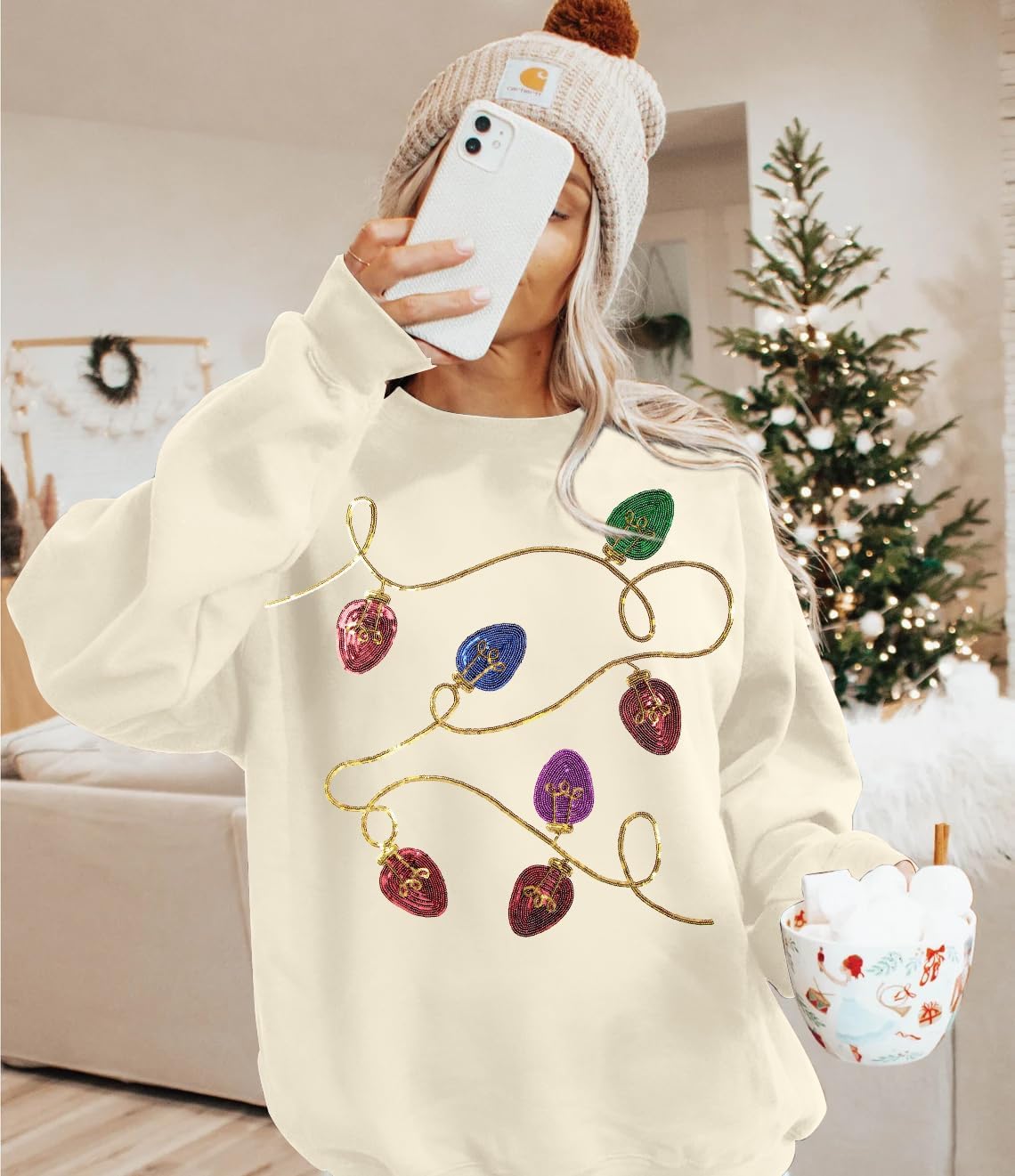 BANGELY Christmas Sequin Sweatshirt Women Christmas Light Sweatshirts Xmas Long Sleeve Shirts Holiday Crewneck Pullover Tops - Image 5