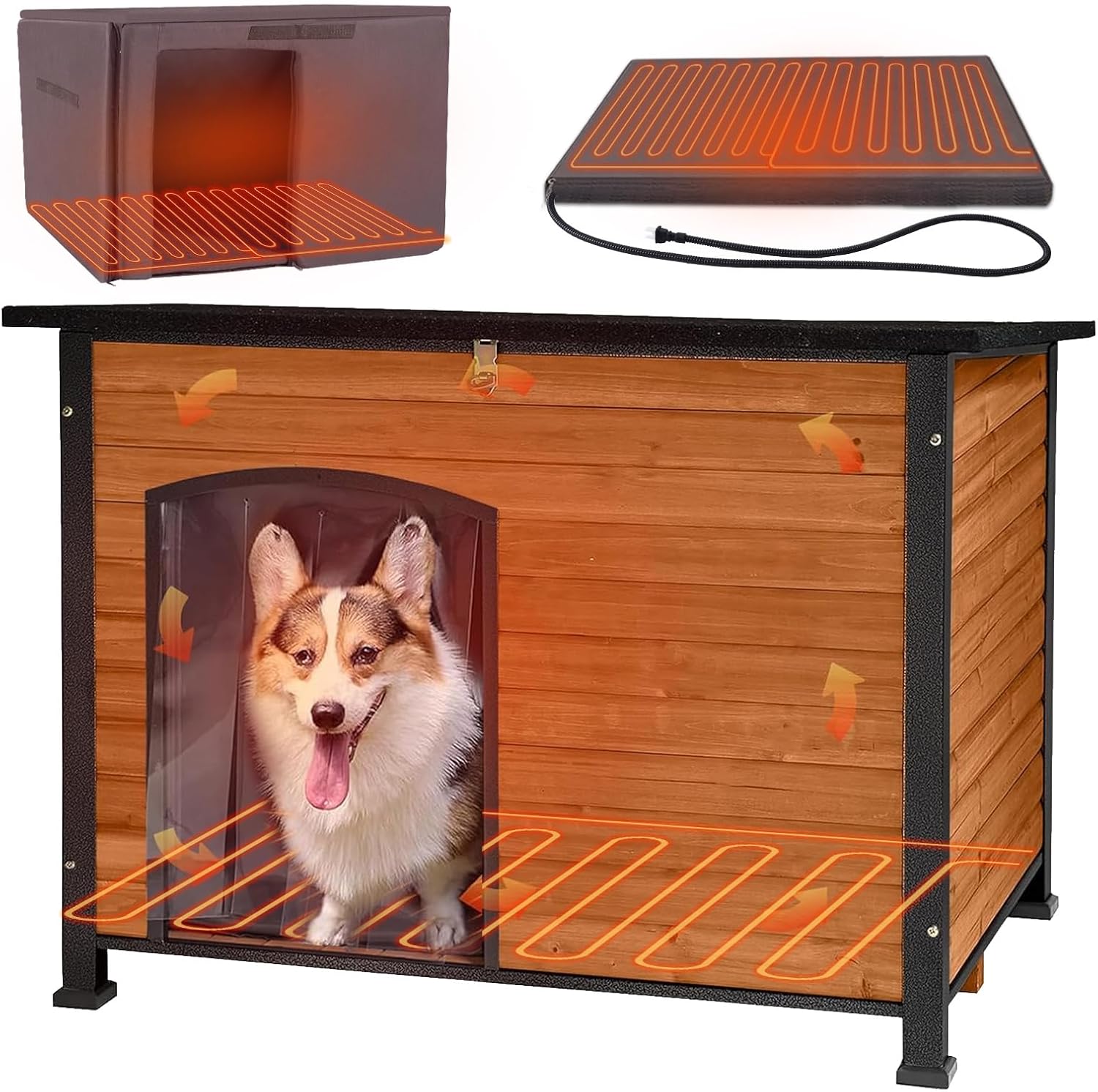 GUTINNEEN 59" Extra Large Heated Outdoor Dog House for Large Dogs Insulated, Thermostat-Controlled Heating with Full 6-Sided Insulation, Metal Frame, Spacious, Cozy, and Safe Winter Shelter (Brown)