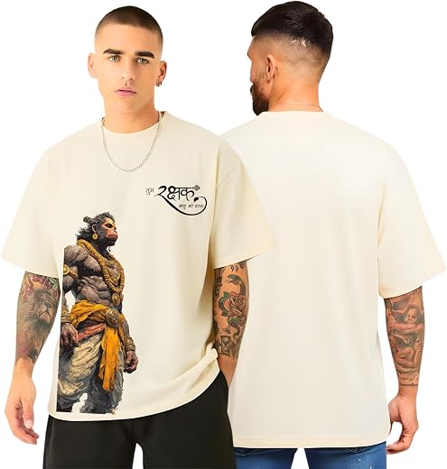 Vastrwear Unisex Oversized Bhakti T Shirt | Bajrangbali Hanuman Ji Inspired Graphic Print | Tum Rakshak Kahu Ko Darna | Lo...