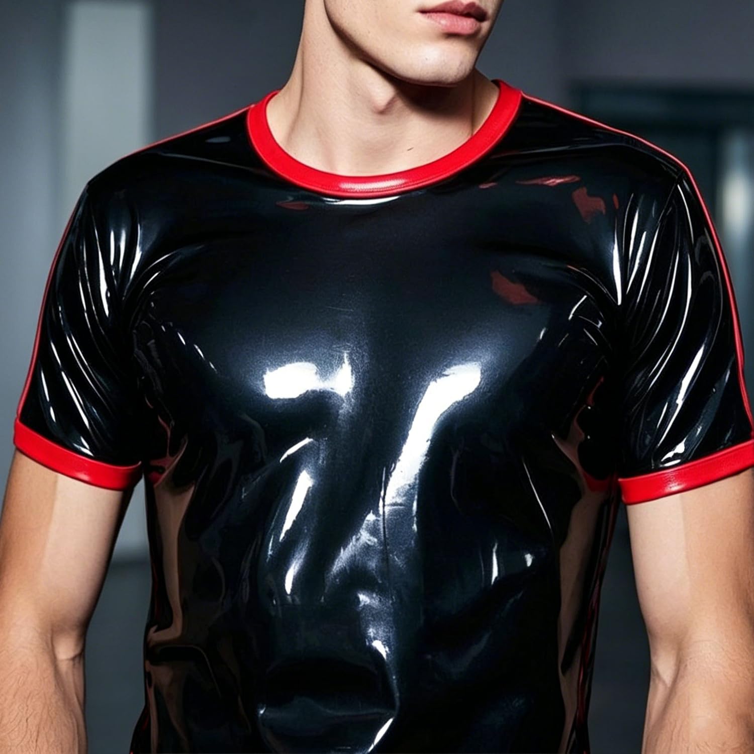 T-Shirt en Latex pour Homme,Haut en Latex à Manches Courtes Noir et Rouge,Vêtements de Fête à Thème Mascarade