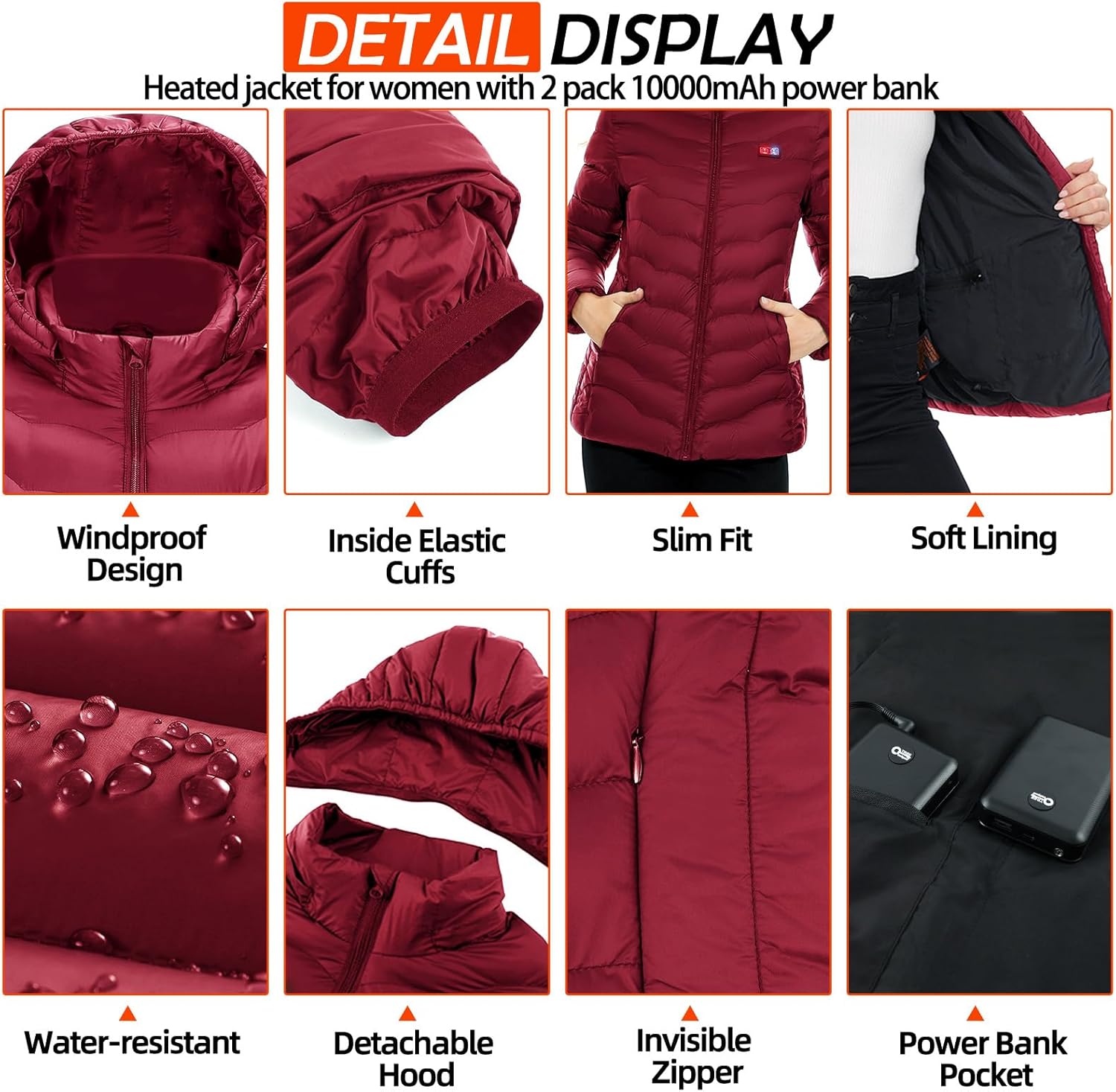 Heated Jacket for women with 2PCS 10000mAh Power Bank, Heating Areas Winter Slim Fit Jackets - Image 3