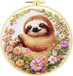 Zhenqing Sloth Embroidery Kit for Beginners, Cute Sloth & Floral Needlework Craft with Pre-Printed Cotton Fabric, Hoop, Threads & Tools, Boho Decor (C0069)