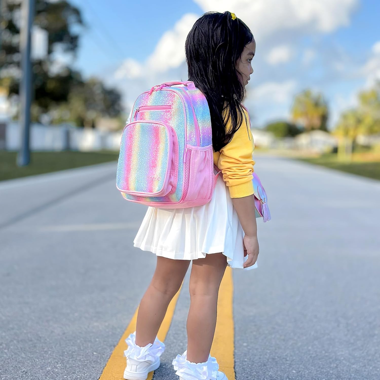 mibasies Toddler Backpack for Girls 2-4: Glitter Kids Backpacks for Girls - Preschool Kindergarten Backpack - Rainbow Pink - Image 5