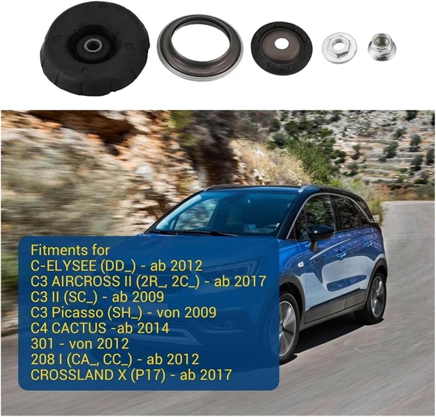 Car Shock Absorber To Top Rubber Plane Bearing Strut Mounting Kit 5038G6，Compatible with Peugeot 301 2008 Citroen C3 E-Elysee