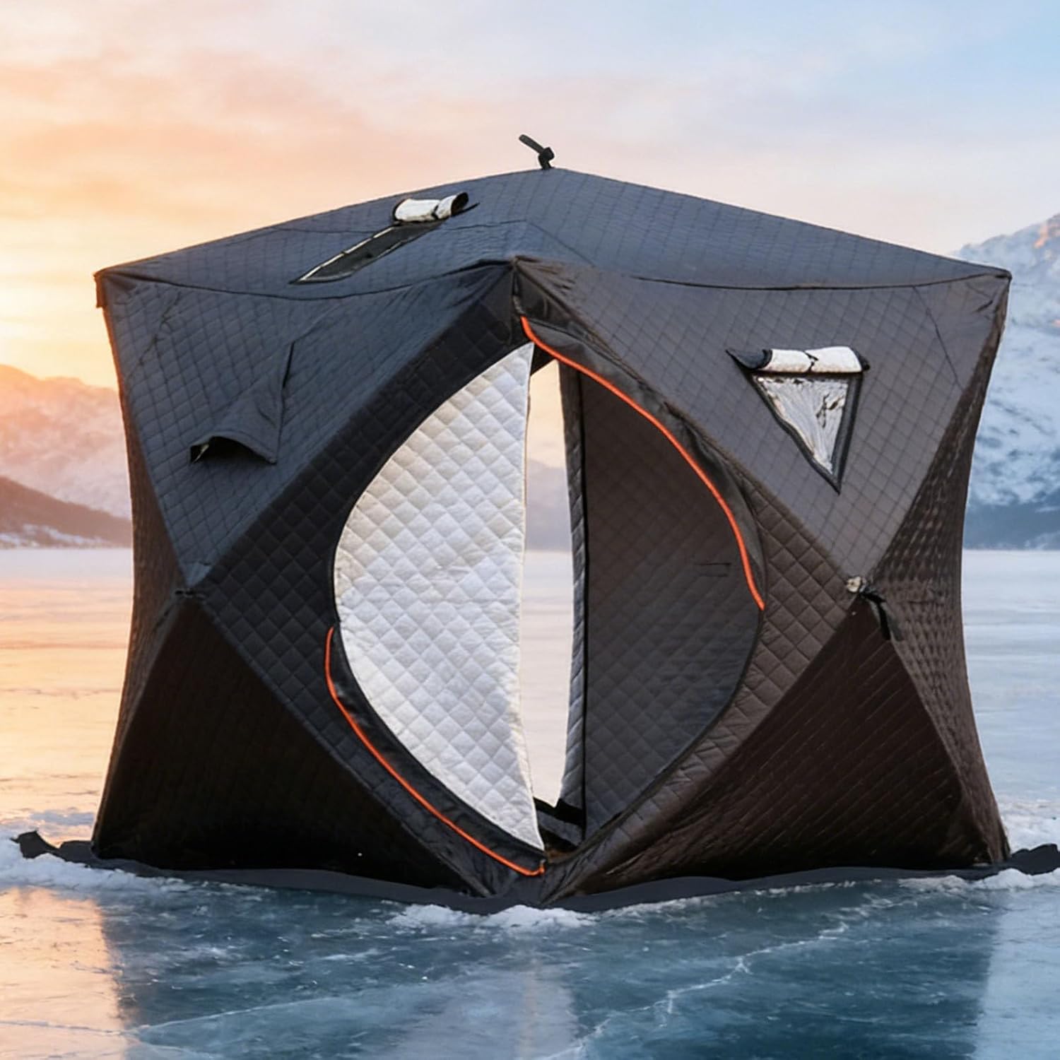 3-4 Person Insulated Ice Fishing Tent Pop-Up Hub-Style Ice Fishing Shelter, Portable Ice Fishing Shanty Ice House, Thermal Winter Outdoor Ice Shanty, with Stove Jack