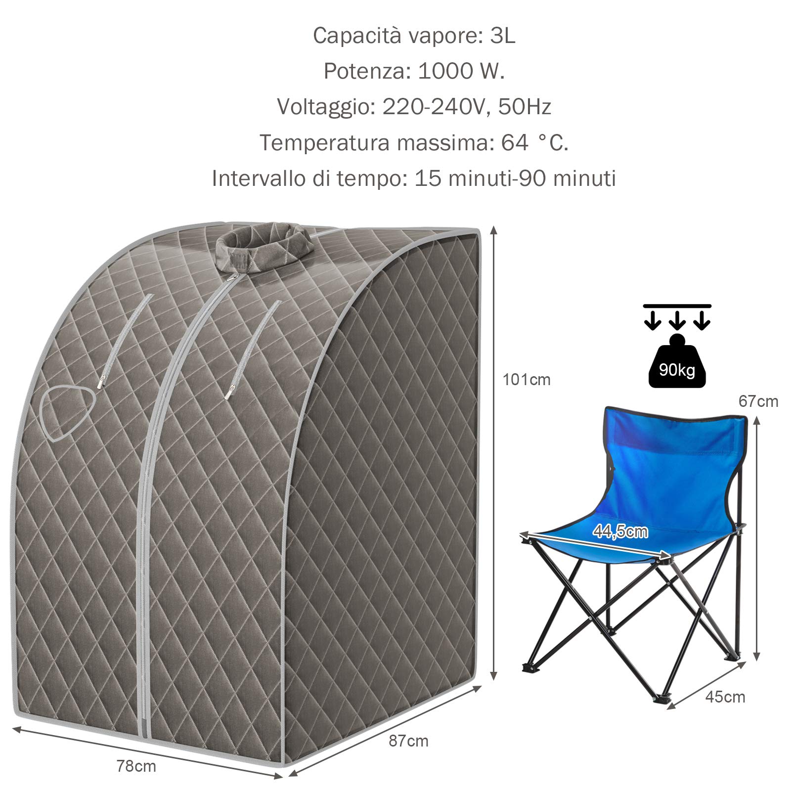 RELAX4LIFE Sauna a Vapore Portatile 3L, Cabina Domestica SPA, 9 Temperature, 15-90 Min, Telecomando, 1000W Grigio