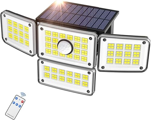 SZPOWER Luces solares para exteriores para exteriores, 224 LED, 3000 lúmenes, sensor de movimiento, luces impermeables IP65, 4 cabezales de luz de