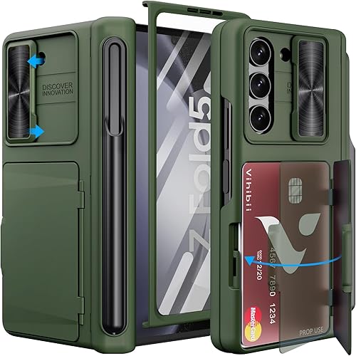 Vihibii Funda para Galaxy Z Fold 5 con tarjetero y soporte para bolígrafo S, protección de bisagra, cubierta de cámara deslizante y protector de